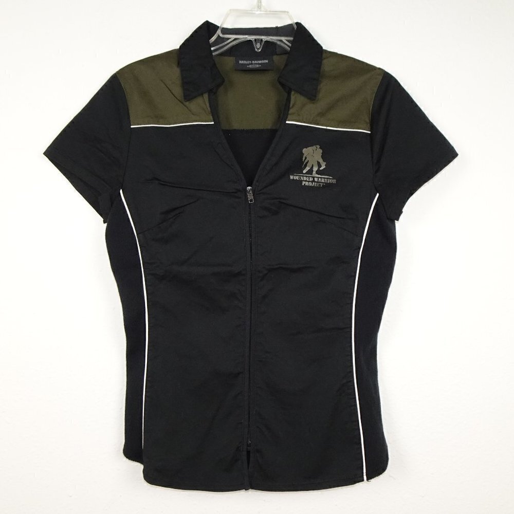Harley Davidson Zip Front Shirt Women's Size XS Black Woven Wounded Warriors